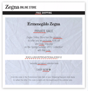 Zegna using a multitude of power words in a simple promo email